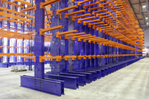 A series of cantilever racks with several levels of storage