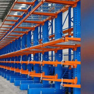 Cantilever racks with levels for logs and general cargo on grid shelves
