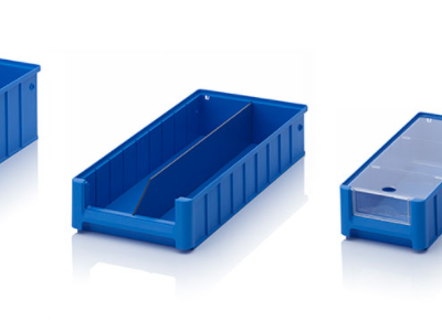 Containers for shelves for storage mezzanines