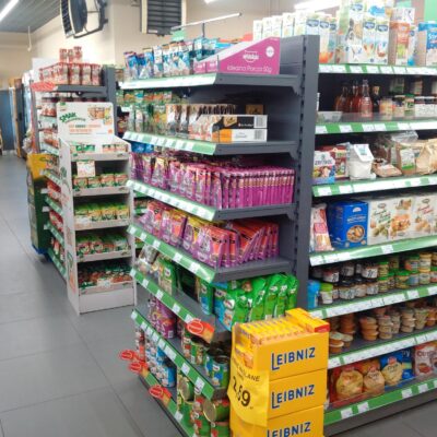 Gable shop shelving with animal feed