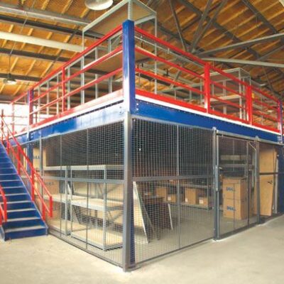 Storage mezzanine with the ground floor secured with a net